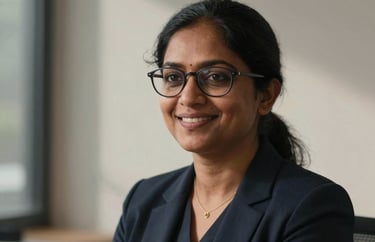 Portrait of a professional South Asian / Indian woman with glasses, smiling warmly, professional indoor setting with soft shadows.