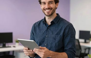 Portrait of a creative strategist in a modern office setting in North America. They are holding a tablet and smiling warmly. The aesthetic is contemporary with soft lavender wall accents and white furniture.