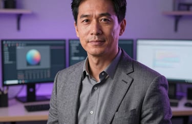 Portrait of a lead designer in a stylish North American studio. Professional attire, blurred background of a modern workstation with dual monitors. Soft purple and grey color palette.