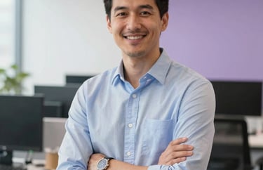 Portrait of a SEO specialist in a contemporary office setting in the US. Professional and approachable, with a bright white and soft purple interior background.