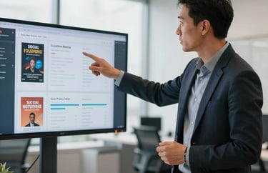 A professional marketer in a bright, modern US office space, gesturing toward a screen displaying social media analytics for a book campaign. Sophisticated and contemporary lighting.