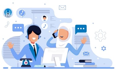 Be Reciter Academy call center flat illustration of support agents providing online customer service.