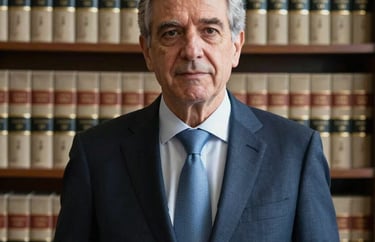Portrait of a senior director of human rights in a formal setting. Background features a bookshelf with legal volumes. Professional lighting, off-white and dark blue tones. Global / Spanish-speaking.