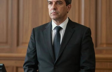 Portrait of a Justice of Peace in a dignified courtroom setting. Wearing formal attire, looking focused. Clean and authoritative composition. Global / Spanish-speaking.
