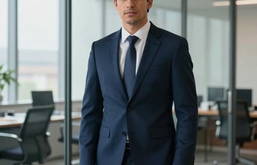 Portrait of a legal advisor in a modern office with glass walls. Wearing a professional navy suit, standing with a confident posture. Soft daylight from a side window. Global / Spanish-speaking.