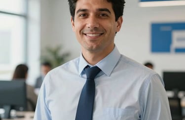 Portrait of a peace commissioner in a bright, modern workspace. Professional and approachable expression. Clean composition with steel blue accents. Global / Spanish-speaking.