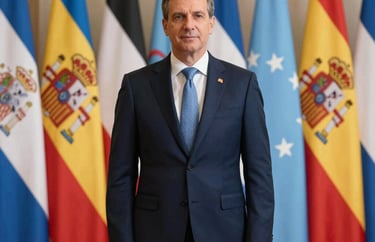 Portrait of a diplomatic ambassador standing before an array of international flags. Dignified and professional lighting. Navy blue and light blue palette. Global / Spanish-speaking.