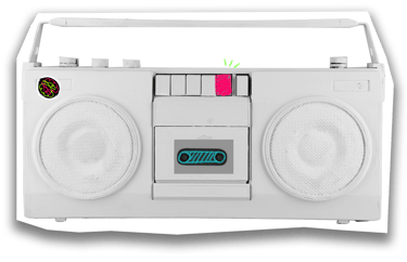 um rádio preto e branco com botão play desenhado em rosa