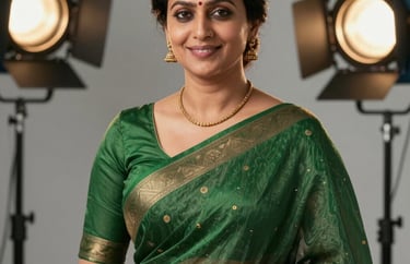 A professional studio portrait of a South Asian female mentor in a smart green saree. She has a friendly and confident look. Bright professional lighting.