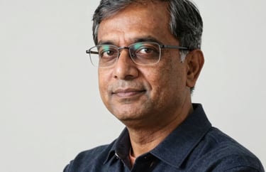 A professional studio portrait of a senior South Asian male professor with glasses, looking professional. Soft, clean lighting against a white wall.