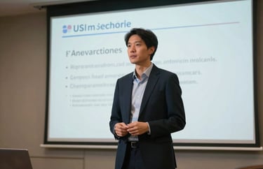 A professional photograph of a clinical trainer standing before a presentation screen in a North American / US medical conference room, elegant attire.