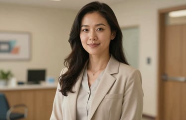 A professional portrait of a wellness coordinator in a North American / US medical building, wearing neutral business casual attire, soft gold lighting.