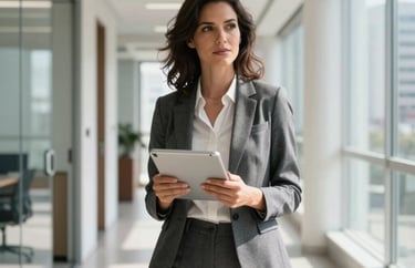 Professional woman in smart casual attire, holding a tablet, standing in a bright modern office corridor in São Paulo, natural sunlight and clean architectural lines.