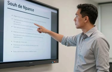 Professional male educator pointing to a digital screen in a modern training room, wearing a light gray shirt, South American corporate environment, sharp focus.