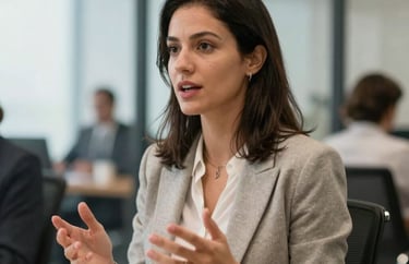 Professional woman with dark hair and business blazer, speaking animatedly in a meeting, blurred background of a modern office in Brasilia.