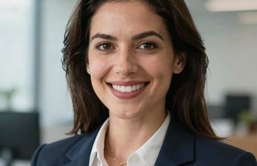 Close-up portrait of a professional woman in business attire, smiling confidently, blurred office background with steel blue and light gray accents, South American corporate setting.