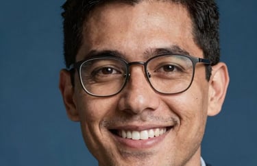 Close-up headshot of a younger professional male with glasses, smiling, professional studio lighting with a steel blue background, South American / Brazilian appearance.