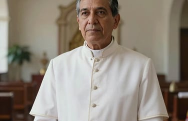 Portrait of a man in professional white attire, suggesting a traditional spiritual lineage, in a clean and modern South American ritual space.