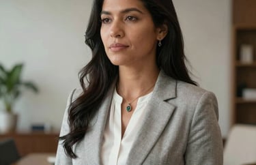 Portrait of a serene South American woman in professional business-mystical attire, against a background of a light, high-end consultation room.