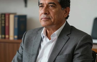 Portrait of a mature South American man in a professional suit with a serene expression, sitting in a modern office with spiritual books behind him.