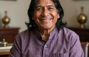 Portrait of a South American spiritual advisor with a welcoming smile, wearing thistle-colored clothing, in a sophisticated consulting room.
