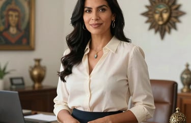 A professional portrait of a South American woman in elegant attire, standing in a brightly lit, sophisticated office decorated with mystical accents.