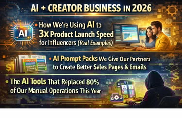 Infographic showing how AI tools and prompt packs accelerate product launches for creator businesses in 2026.