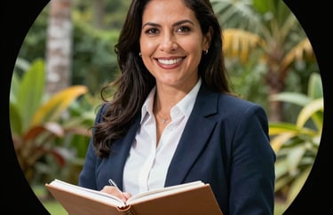 A professional South American / Brazilian Amazonian portrait cropped into a perfect circle of a female accountant, smiling warmly, holding a notebook, with a bright tropical garden in the background.
