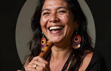 A professional South American / Brazilian Amazonian portrait cropped into a beautiful oval shape of a female art instructor. Laughing, wearing colorful artisan earrings, holding a wooden flute.