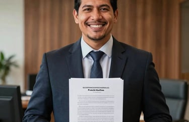 A professional South American / Brazilian Amazonian portrait cropped into a square shape of a male cultural lawyer. Professional smile, holding legal documents in a modern, wood-accented office.