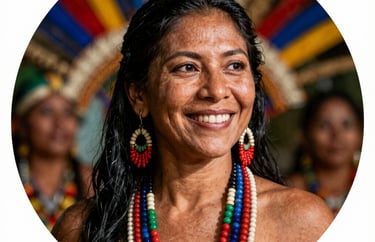 A professional South American / Brazilian Amazonian portrait cropped into a circular format of a female choreographer. Smiling, wearing traditional Amazonian beads, with a festive background.