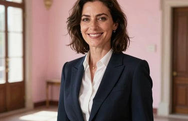 Portrait of a smiling professional woman in a bright room with pearl pink walls, Southern European / Italian architecture, warm natural light.