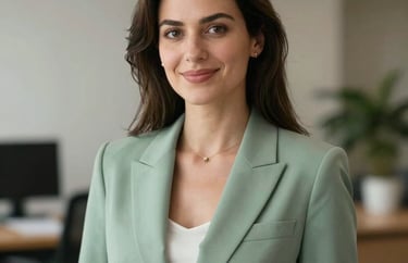 A professional woman with a welcoming expression in an elegant sage green blazer, Southern European / Italian setting, soft focus office background.