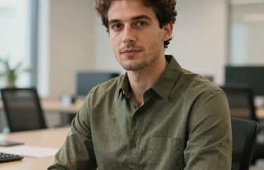 A professional male colleague in a smart-casual olive green shirt sitting in a modern Italian office, soft professional lighting.