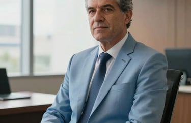 A professional portrait of a senior legal consultant in a light blue suit, sitting in a modern office in Brazil, soft daylight coming through a window, looking confident and trustworthy.
