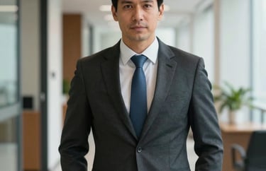 A professional portrait of a real estate legal advisor in professional Brazilian attire, standing in a bright office hallway, conveying sophisticated competence.