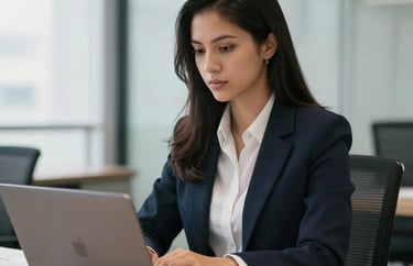 A professional portrait of a legal coordinator in a modern office in Brazil, using a laptop, representing digital efficiency and modern legal services.