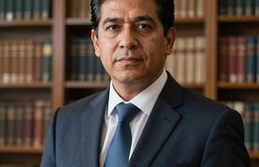 A professional portrait of a civil law specialist in a South American setting, looking focused and professional, against a blurred background of a well-organized legal library.