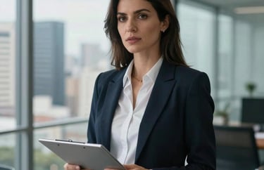 A professional portrait of a woman in business attire, acting as a documentation manager, in a modern office with glass walls in a South American city, soft natural lighting.