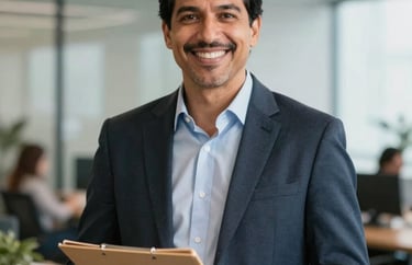 A professional portrait of a specialist advisor in a modern South American office, smiling warmly, holding a folder, representing expert guidance and accessibility.