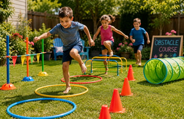 Kids enjoying an obstacle course in the backyard, a perfect summer activity.
