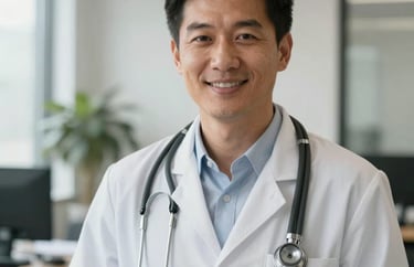 Friendly, approachable male doctor wearing a simple button-down shirt and stethoscope, bright North American / US office setting, trustworthy mood.