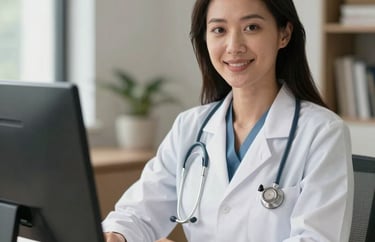 Female consulting doctor in a virtual meeting setup, looking directly at camera with a compassionate smile, North American / US home office.