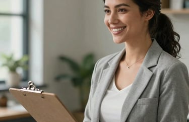Female health coach smiling warmly, holding a clipboard, wearing casual professional attire, North American / US health center setting.