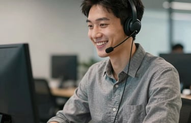 Male support staff member on a headset, smiling cheerfully, modern minimalist office in North American / US.