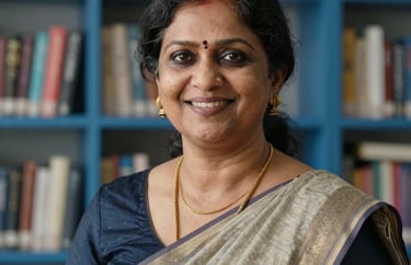 Professional headshot of a South Asian female professor in her 40s wearing a modern formal saree, smiling warmly in a bright office with steel blue bookshelves.