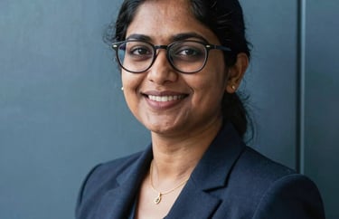 Professional headshot of a South Asian woman with glasses, smiling confidently, wearing a professional blazer, in front of a steel blue wall.