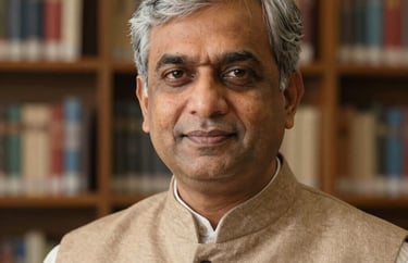 Professional headshot of a South Asian male academic in his 50s with grey-flecked hair, wearing a Nehru jacket, standing in a library with warm tan lighting.