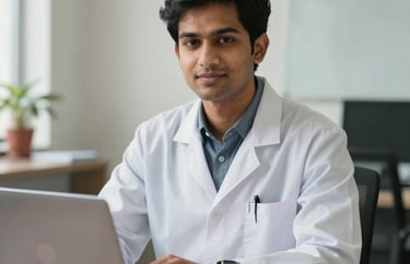 Professional headshot of a younger South Asian male researcher in a tidy office with a laptop and psychology journals, bright natural light.