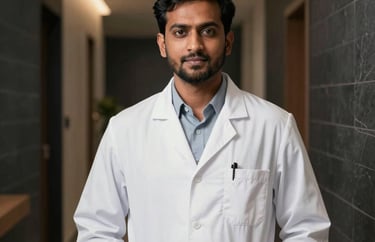 Professional headshot of a South Asian male psychologist in a clinical white coat standing in a modern hallway with dark slate walls and soft lighting.